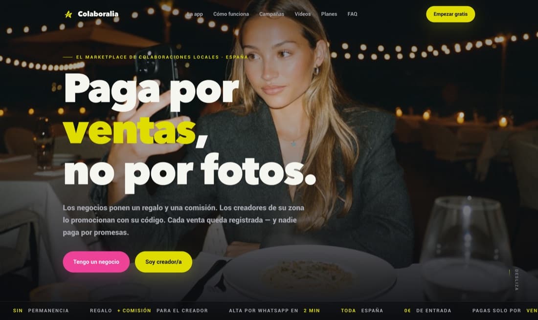Colaboralia — Creadores y negocios locales. Pagas por ventas, no por fotos.